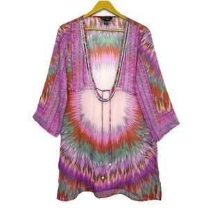 Y2K Womens Sheer Beaded Tunic Top L/XL Fairy Festival Boho Artsy Indie Resort
